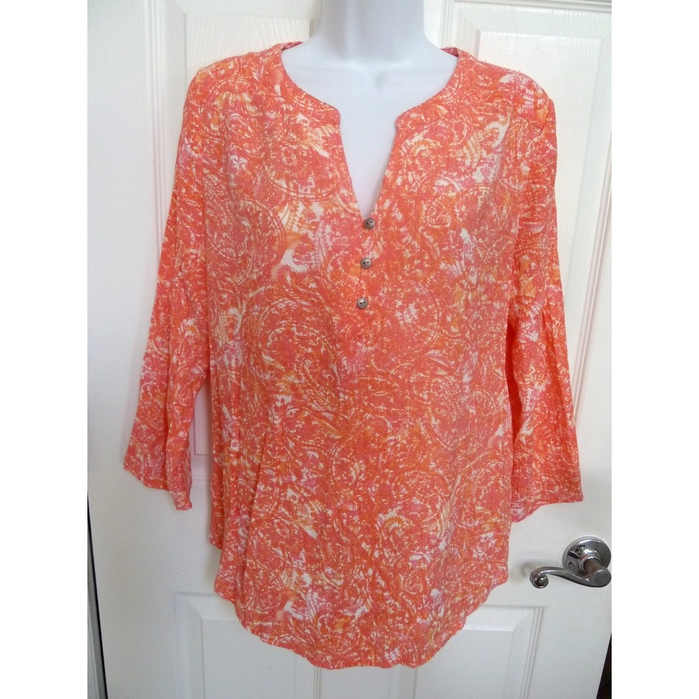Kim Rogers Coral White Paisley Gauzy Roll-Tab Sleeve Blouse Hi-Lo Hem Medium